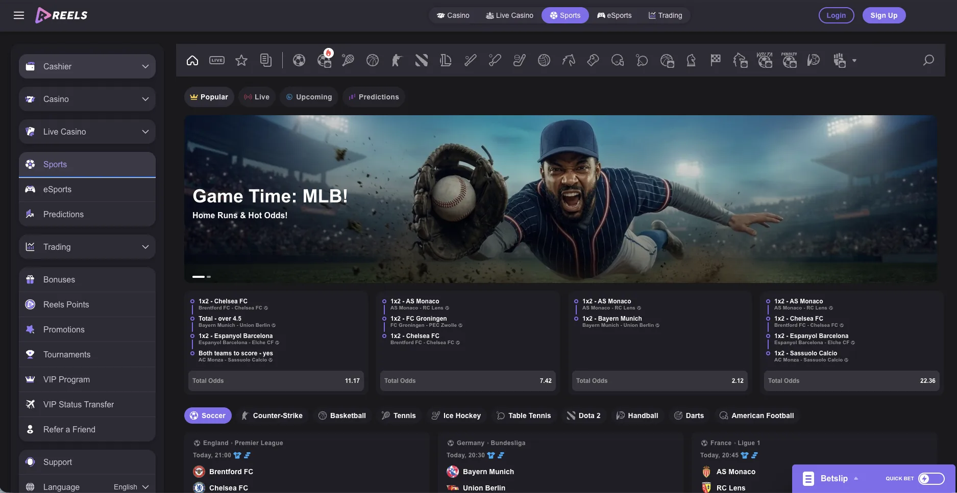 Sportsbook lobby with football accumulators and live markets