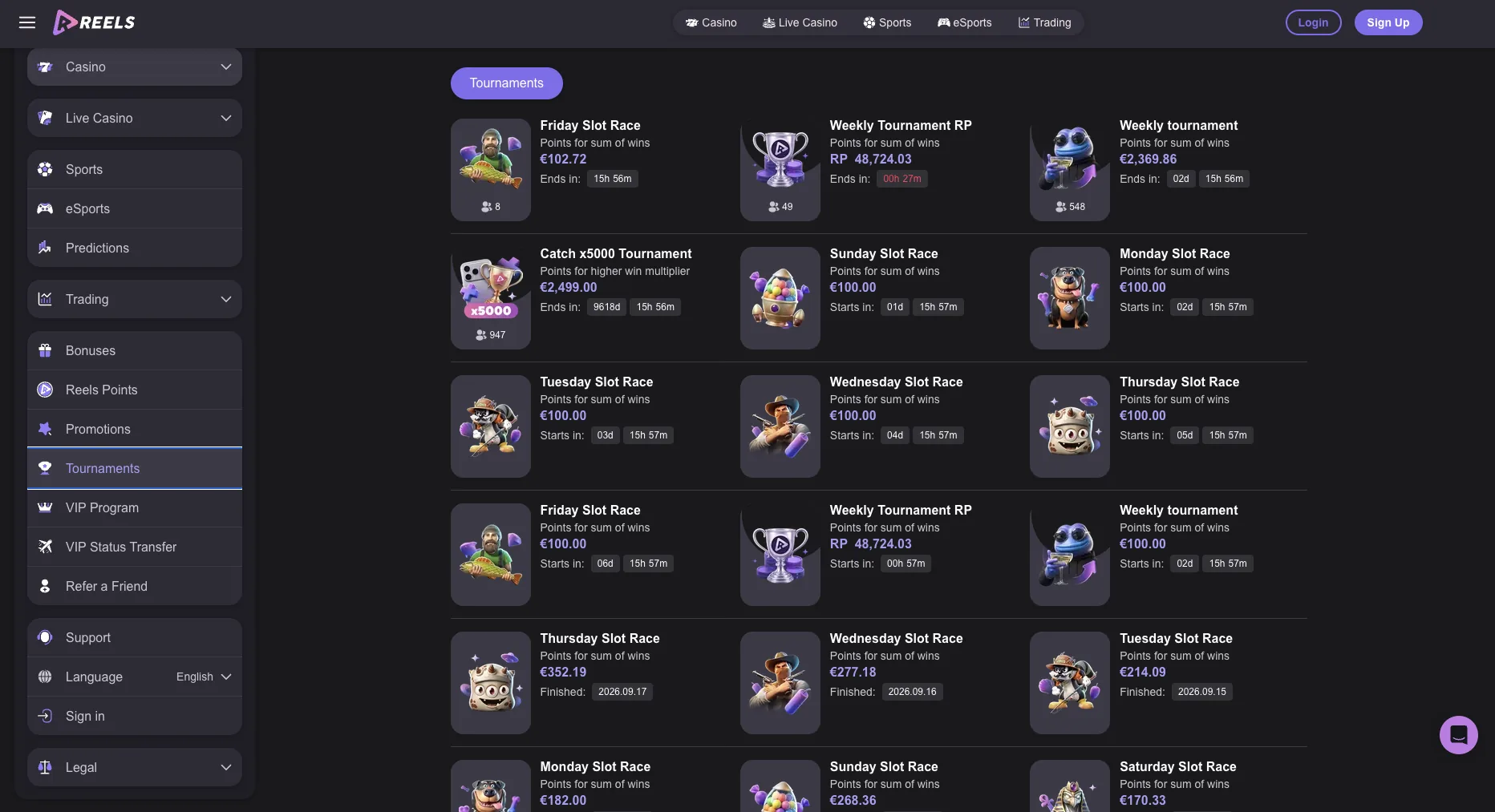 Daily slot races and weekly tournaments with euro prize pools