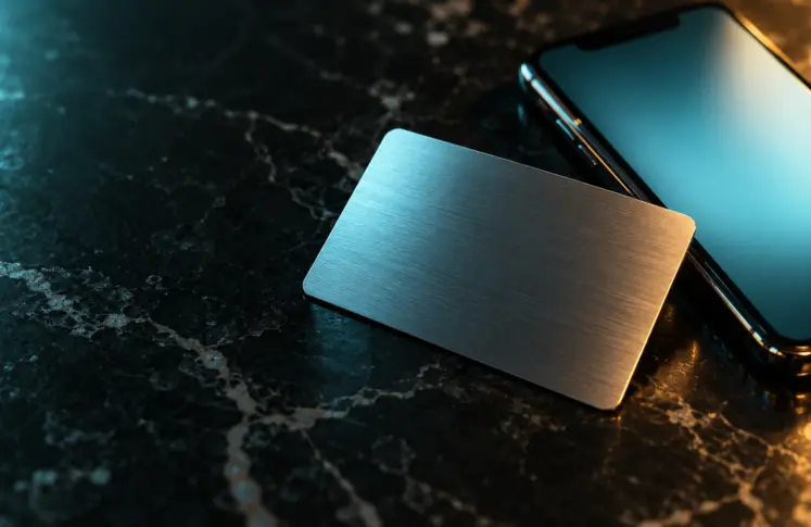 A blank brushed metal payment card resting against a smartphone on a dark marble surface in icy cyan light
