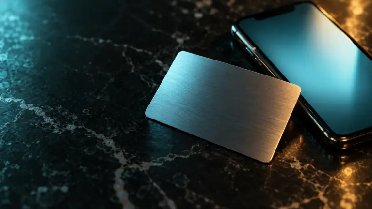 A blank brushed metal payment card resting against a smartphone on a dark marble surface in icy cyan light