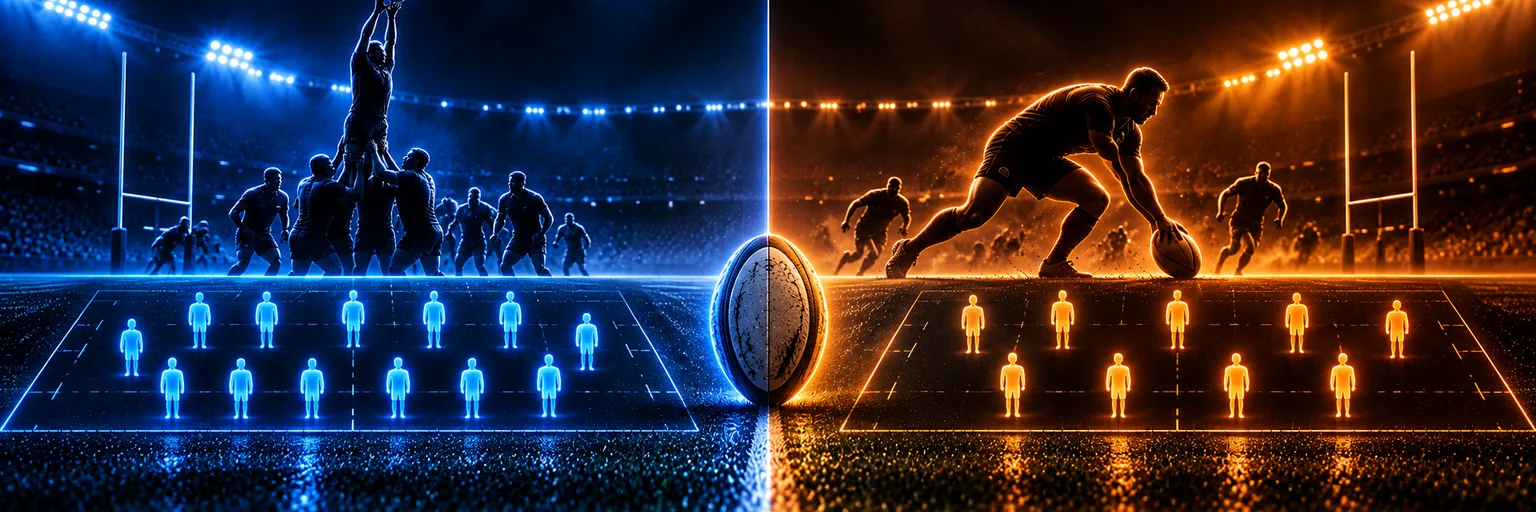 A split scene with a union lineout on one side and a league play the ball on the other