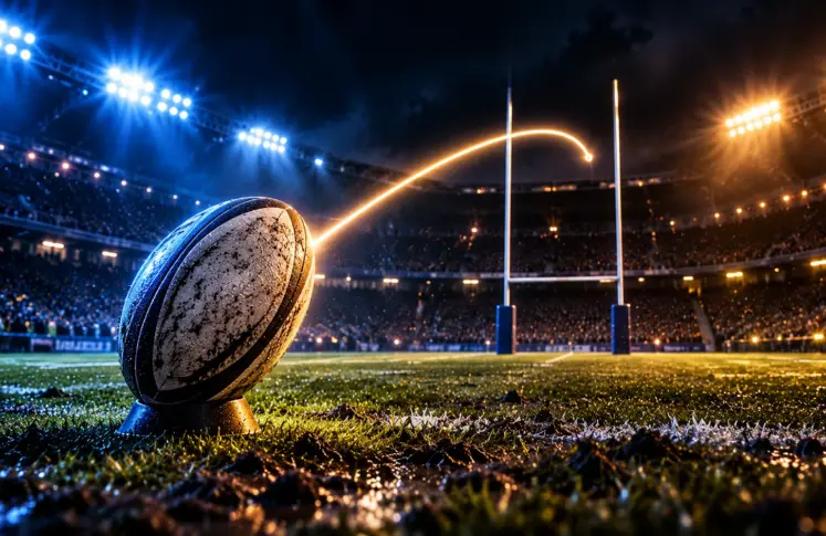 A rugby ball on a kicking tee with a glowing trail towards the posts in a floodlit stadium