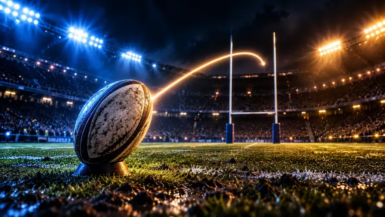 A rugby ball on a kicking tee with a glowing trail towards the posts in a floodlit stadium