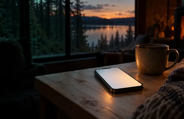 Smartphone on a birch table in a Nordic cabin with a coffee mug