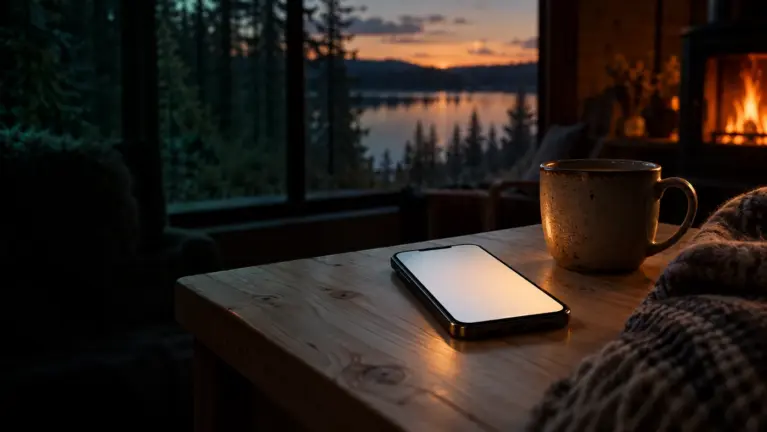 Smartphone on a birch table in a Nordic cabin with a coffee mug