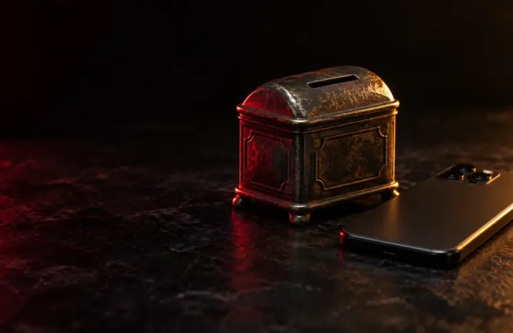 Säästöpankki casinos header: vintage coin bank and smartphone in red and amber light