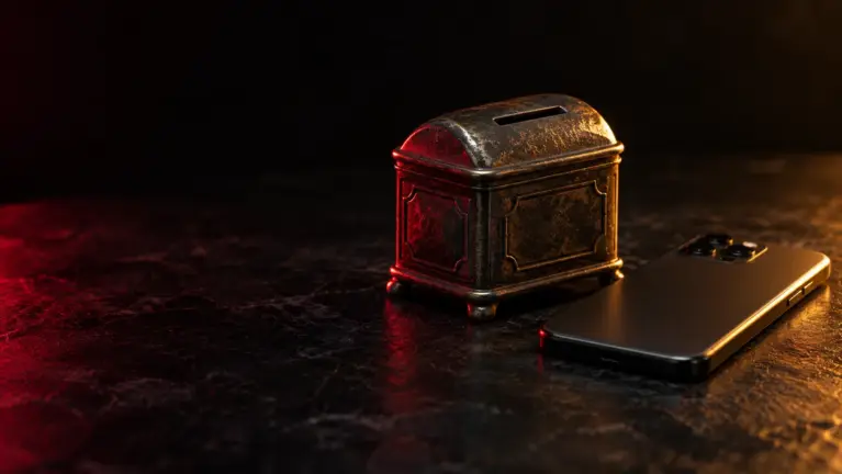 Säästöpankki casinos header: vintage coin bank and smartphone in red and amber light