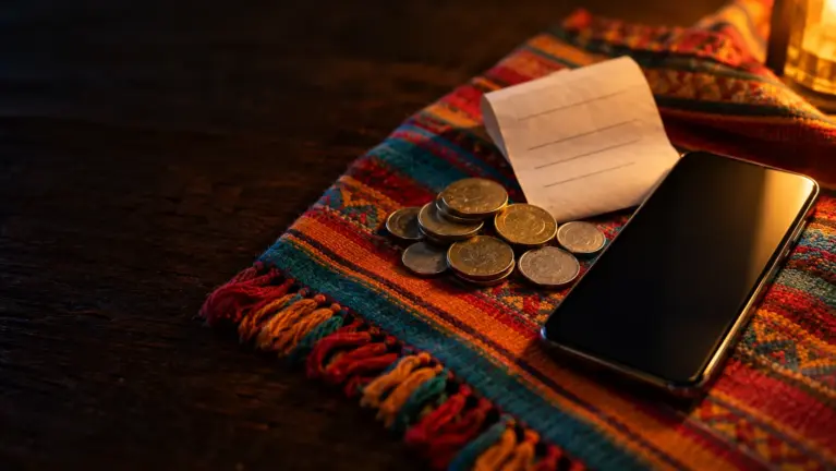 SafetyPay casinos header: coins, a paper receipt and a smartphone on a woven Andean textile