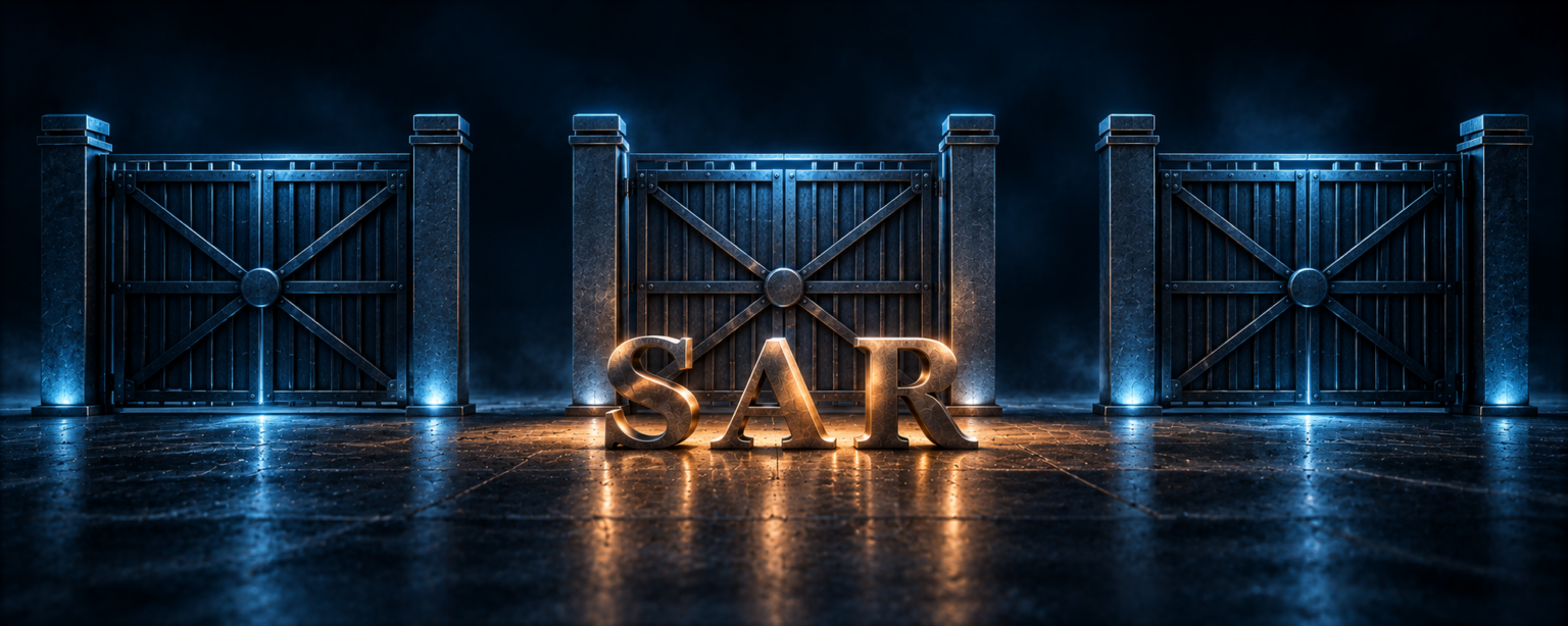 Three separate closed steel gates standing in a row with open gaps between them, the SAR letterforms lit amber before the middle one