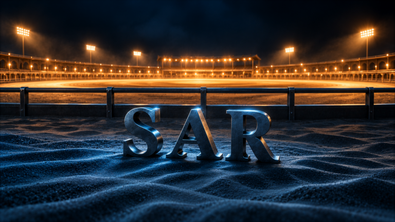 Sculpted steel letters spelling SAR on desert sand, held on the near side of an unbroken rail with a floodlit arena glowing amber beyond it