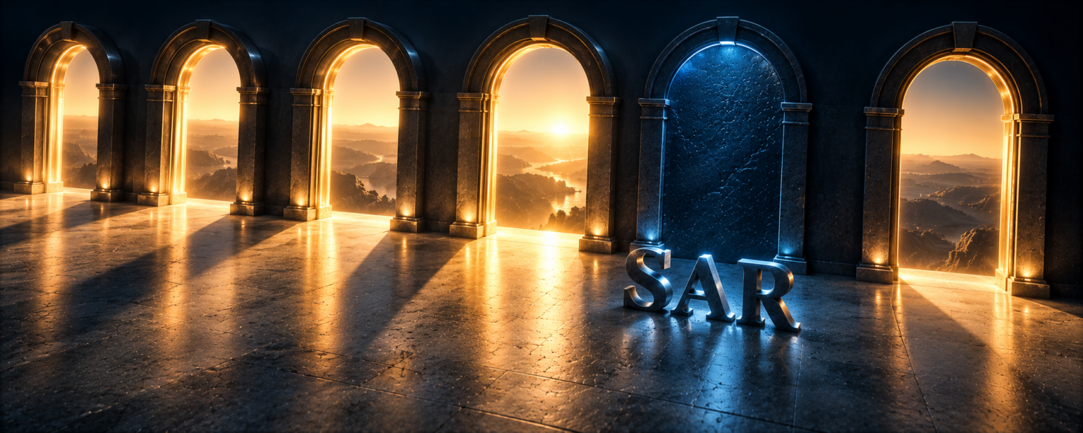 A row of tall archways all standing open with amber light streaming through, except one filled solid with stone where the SAR letterforms stand