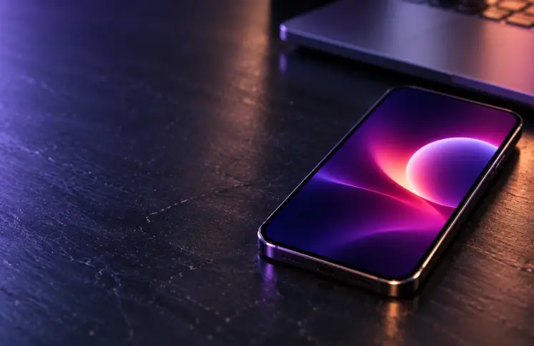 Smartphone on a dark scratched desk with a purple and magenta glow on the screen, the edge of a laptop out of focus behind it