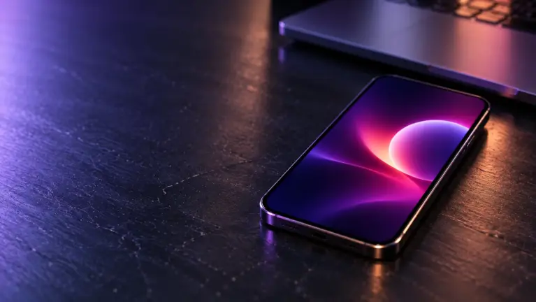 Smartphone on a dark scratched desk with a purple and magenta glow on the screen, the edge of a laptop out of focus behind it