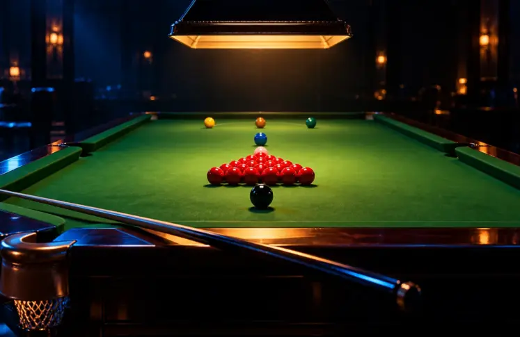 Snooker table under a low hanging lamp with the reds racked