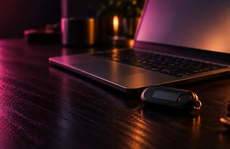 An open laptop on a dark wooden desk in soft pink light with a small bank code generator lying in front of the keyboard