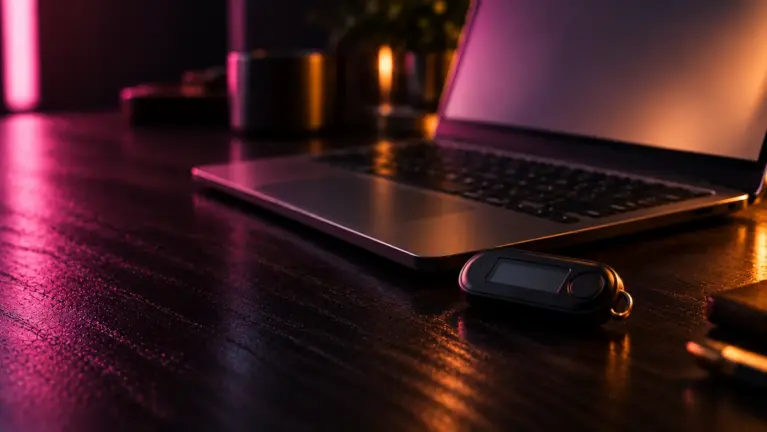 An open laptop on a dark wooden desk in soft pink light with a small bank code generator lying in front of the keyboard