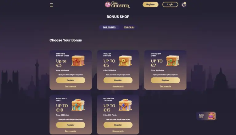 Spinchester Casino bonus shop with five chests priced from 100 to 600 loyalty points