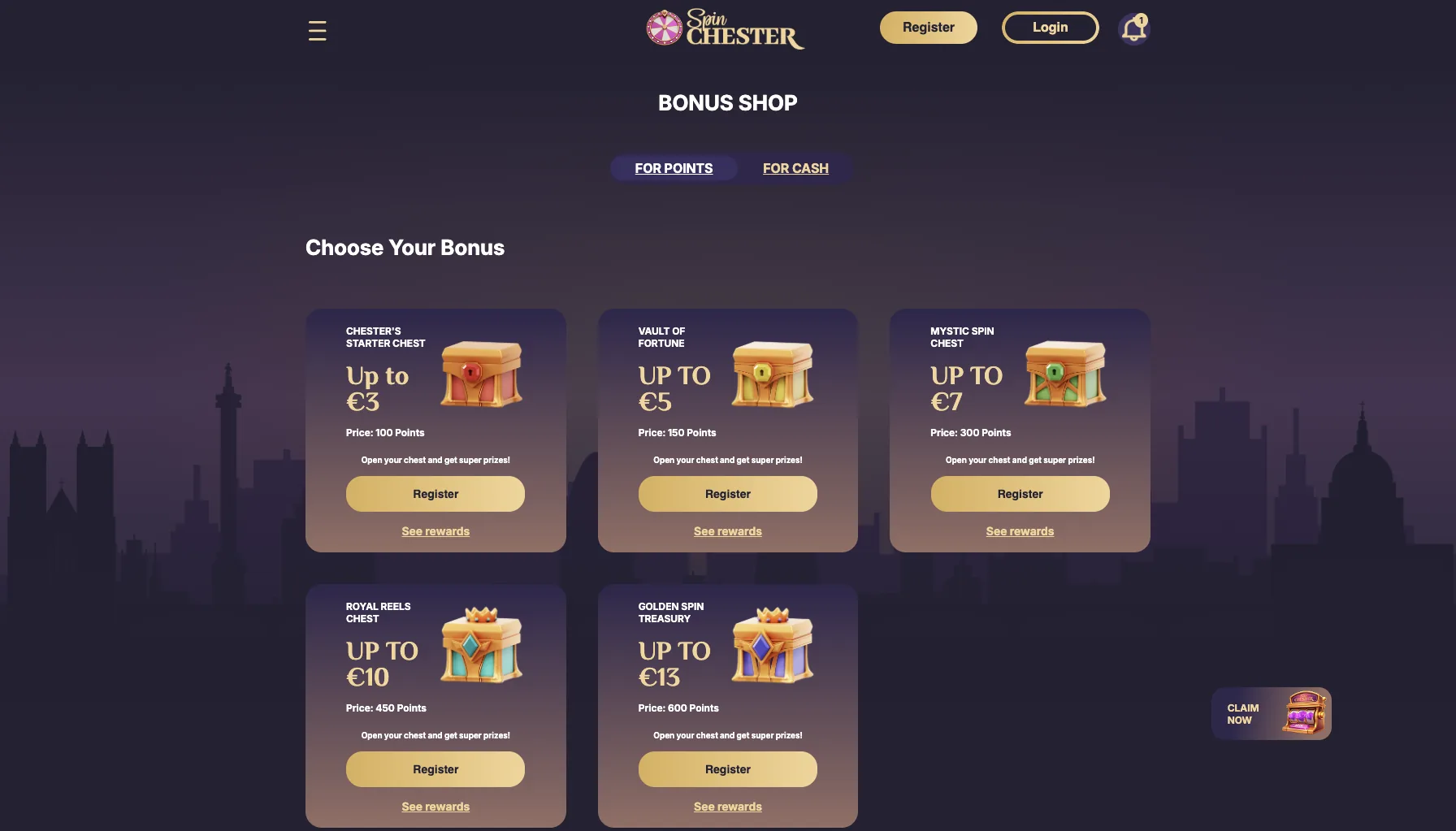 Spinchester Casino bonus shop with five chests priced from 100 to 600 loyalty points