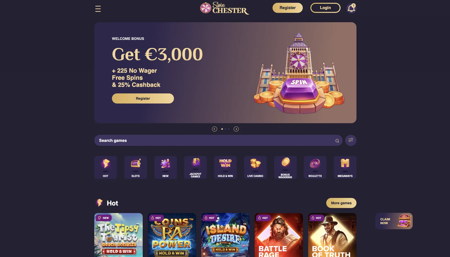 Spinchester Casino lobby with the 3,000 euro welcome bonus banner and the game category icons