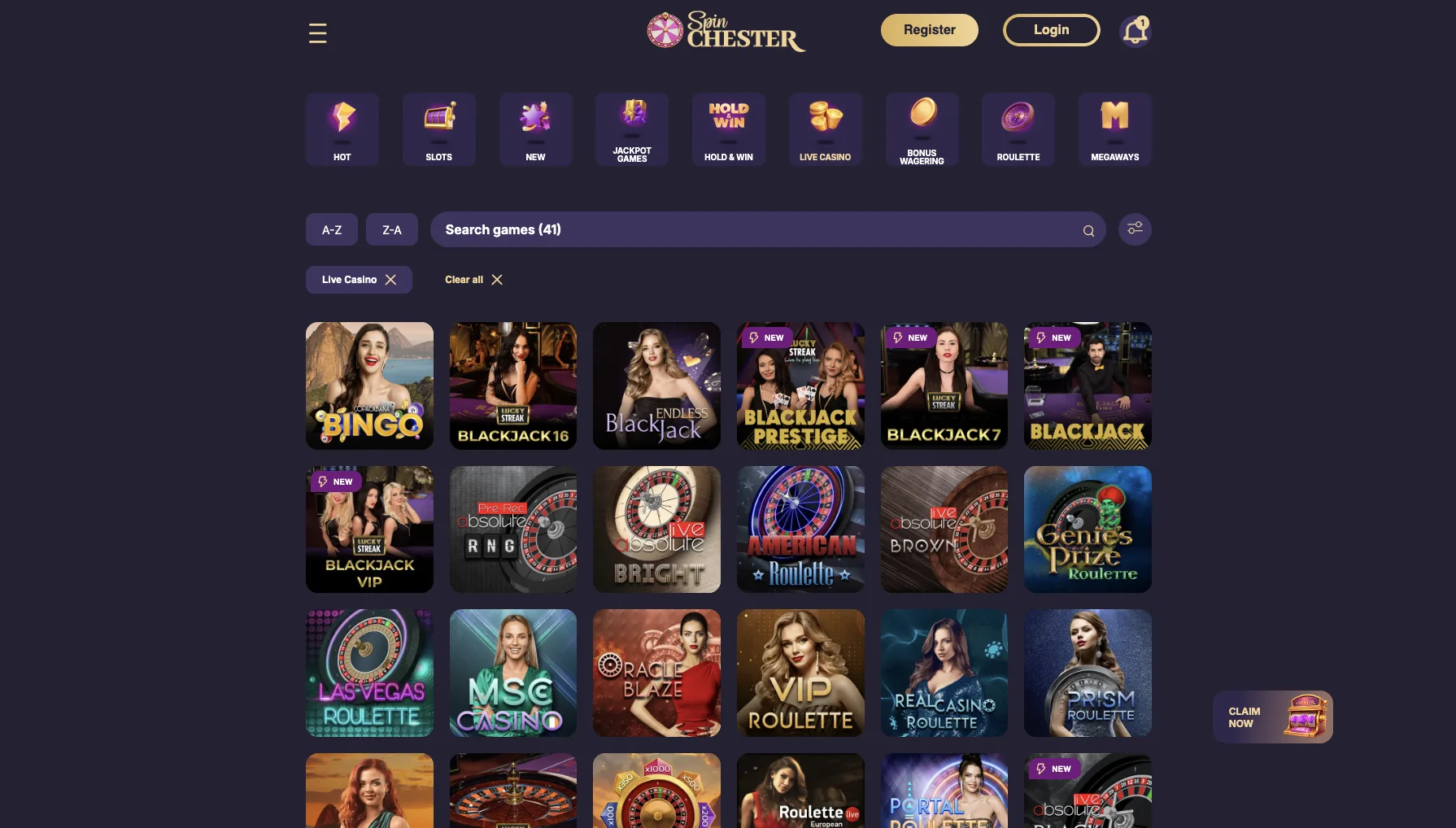 Live casino filter with 41 blackjack and roulette tables from Lucky Streak and Absolute Live Gaming
