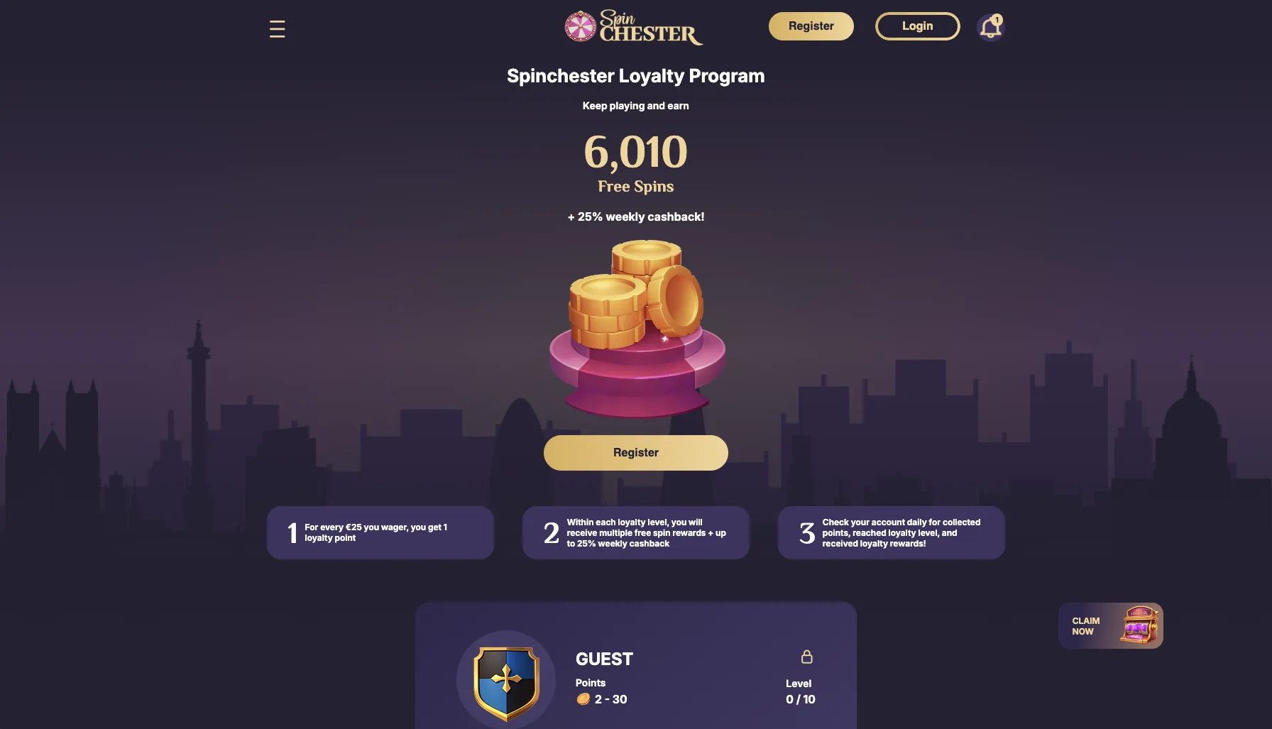 Spinchester Casino loyalty program page showing 6,010 free spins and 25 percent weekly cashback