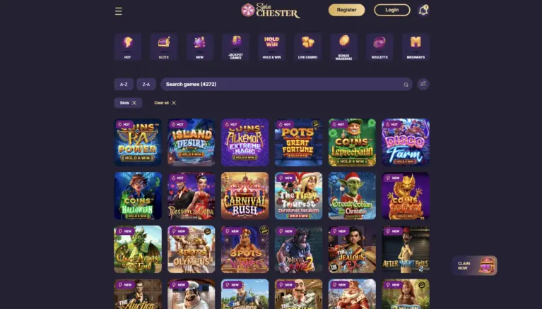 Slots filter showing 4,272 games with Hold and Win titles filling the grid
