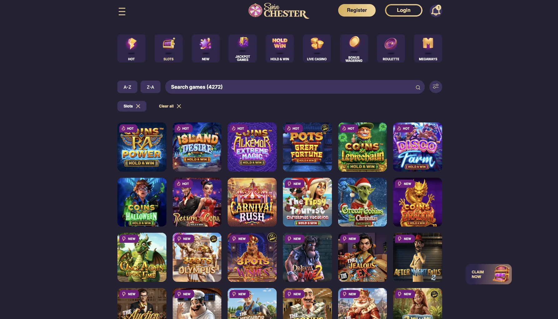 Slots filter showing 4,272 games with Hold and Win titles filling the grid