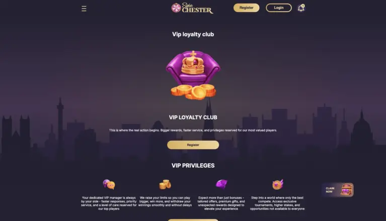 VIP loyalty club page listing a dedicated manager, raised limits and exclusive tournaments
