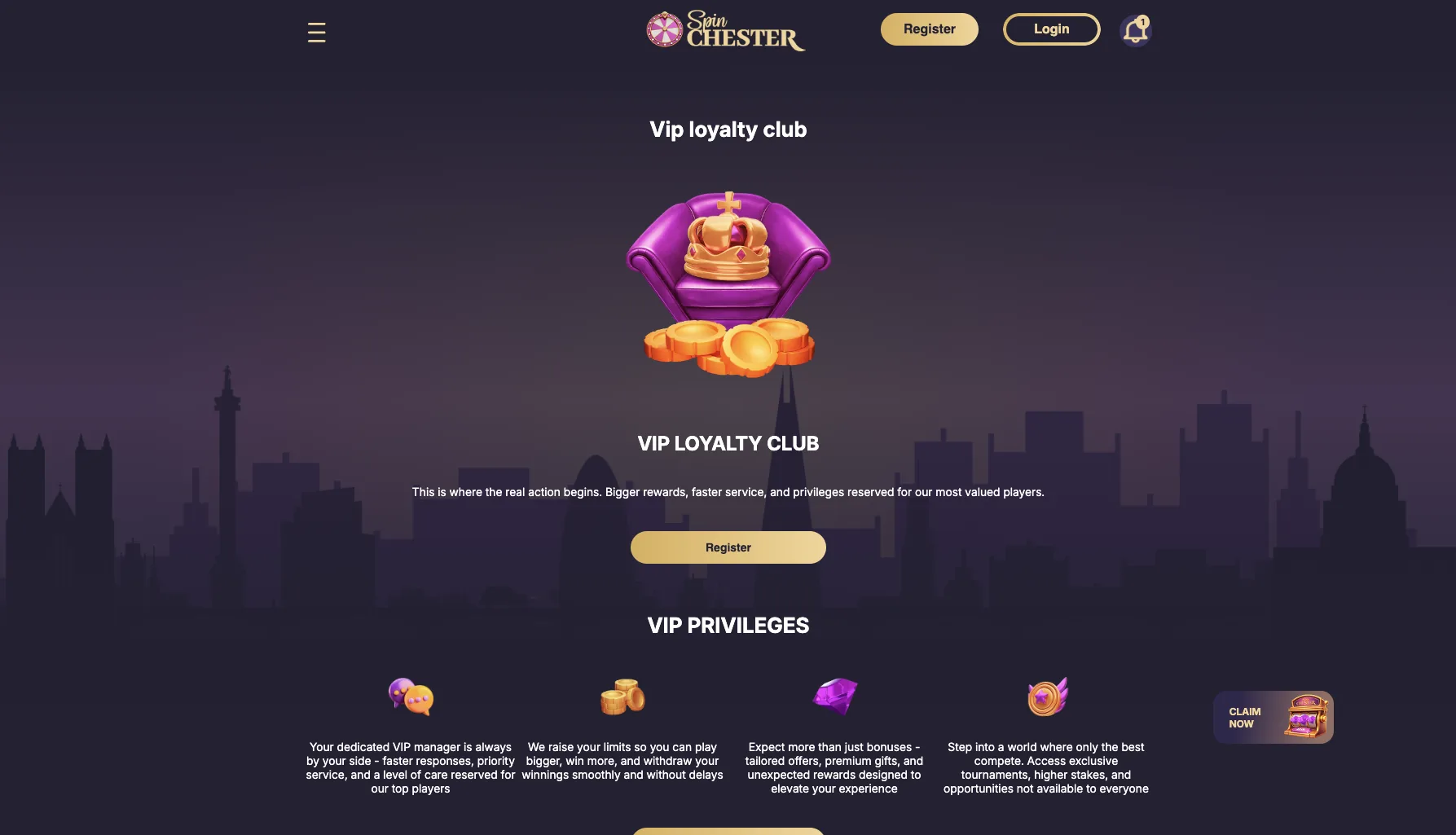 VIP loyalty club page listing a dedicated manager, raised limits and exclusive tournaments