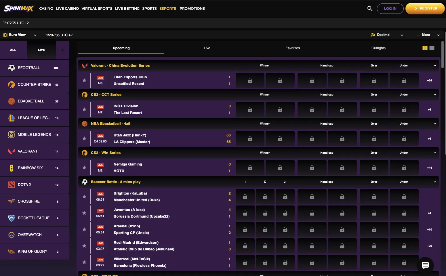 Esports betting lobby with CS2 and League of Legends markets