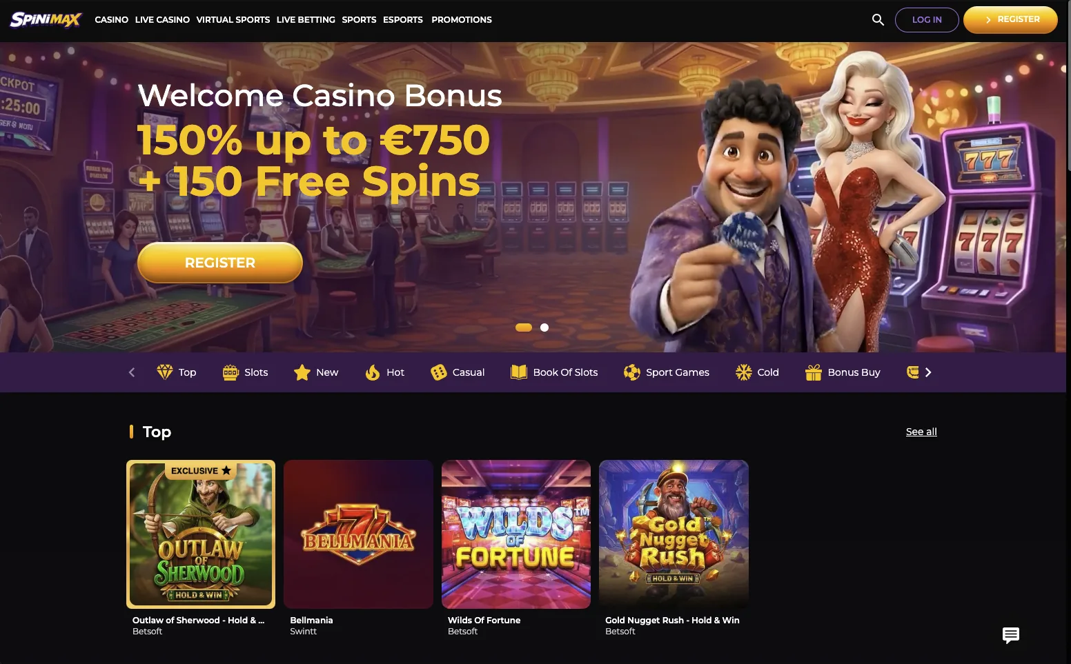 Spinimax Casino home page with the 150% welcome bonus banner
