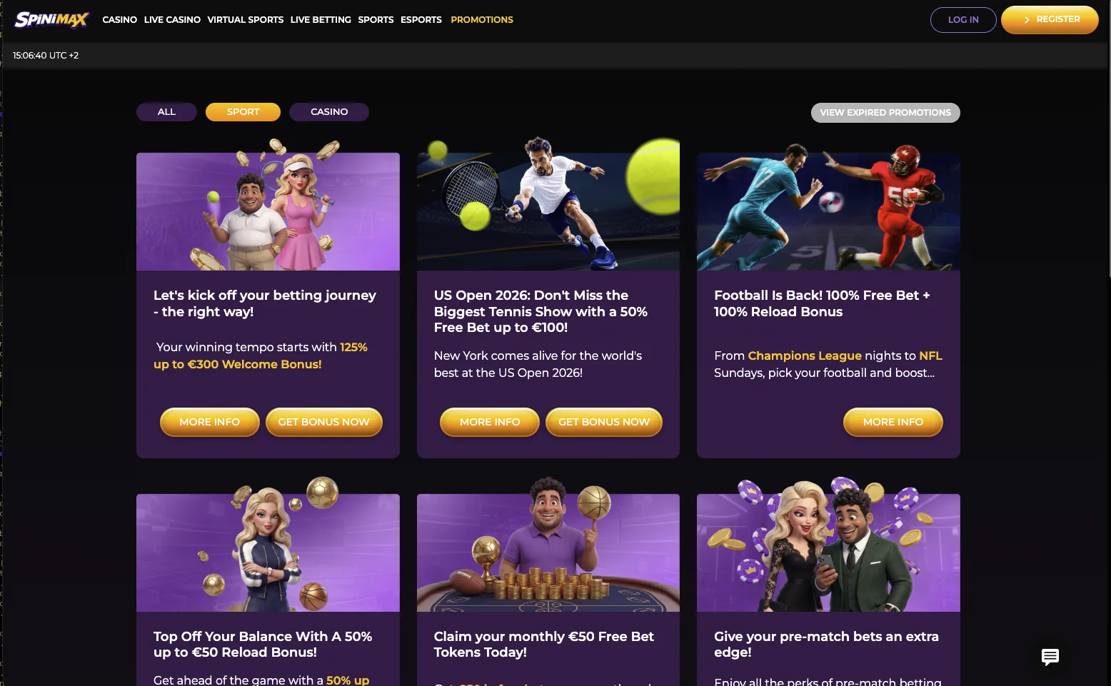 Promotions page listing the welcome, reload and cashback offers