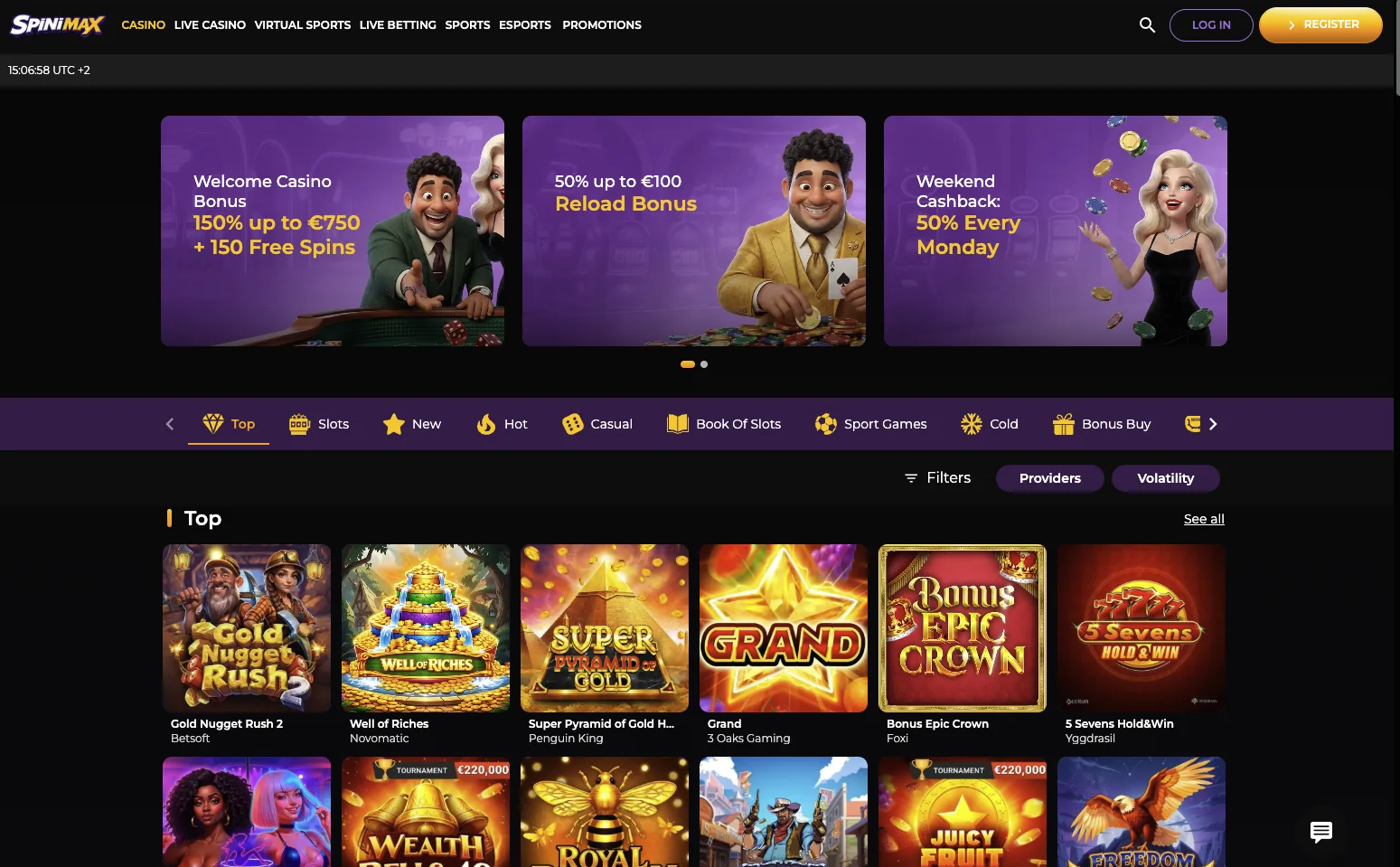 Slot lobby with the provider filter open