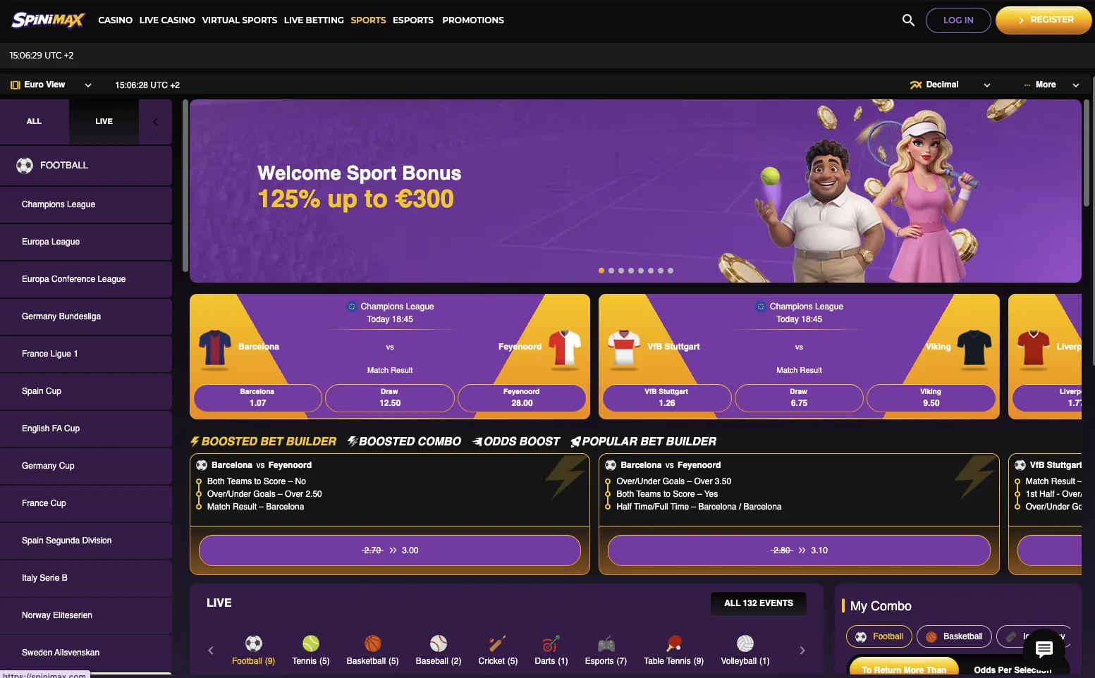 Spinimax Casino sportsbook with live football markets