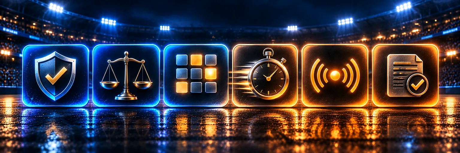 Six bookmaker checklist tiles for licence, fair odds, market depth, payout speed, live betting and terms
