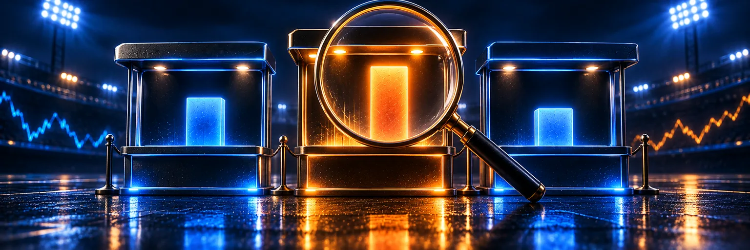 Three bookmaker counters with price bars and a magnifying glass over the best price