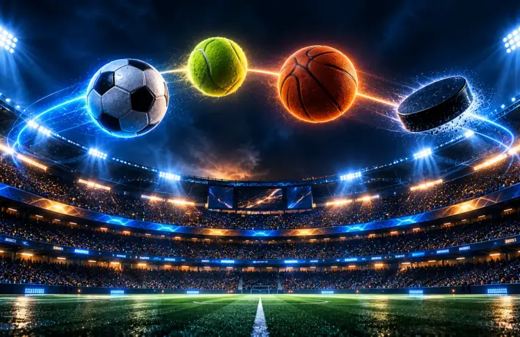 A floodlit multi sport stadium at night with a football, tennis ball, basketball and hockey puck floating above the pitch