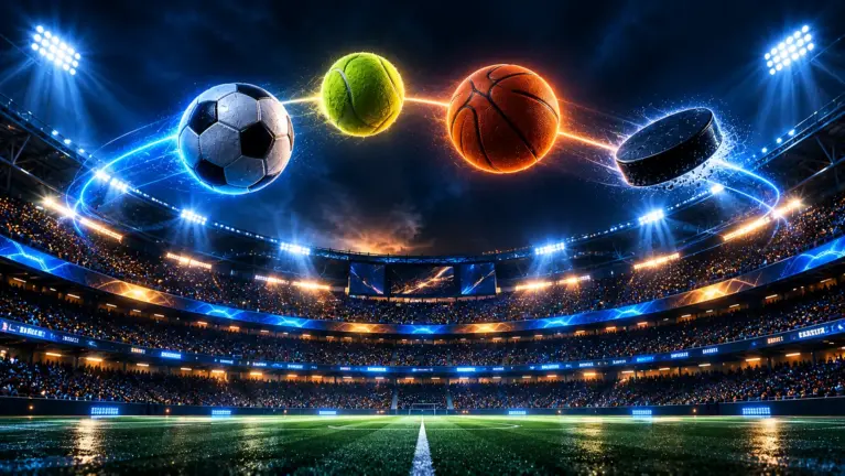 A floodlit multi sport stadium at night with a football, tennis ball, basketball and hockey puck floating above the pitch
