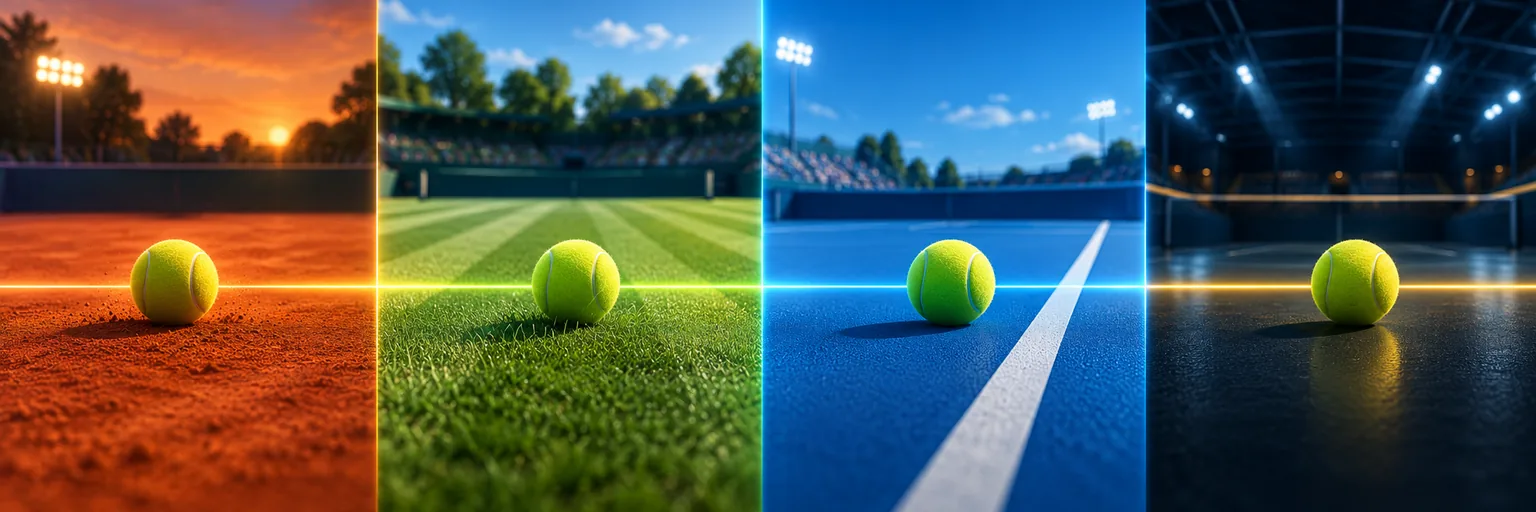Clay, grass, outdoor hard and indoor tennis courts side by side