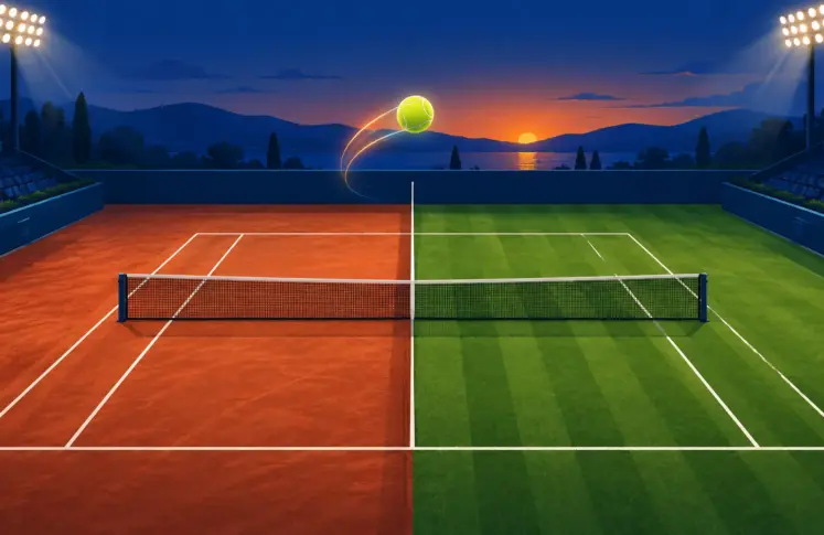 Tennis court split between red clay and green grass at dusk with a ball flying over the net