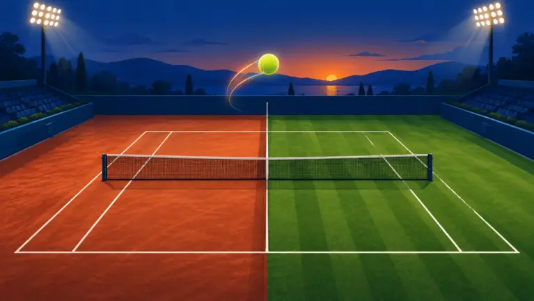 Tennis court split between red clay and green grass at dusk with a ball flying over the net