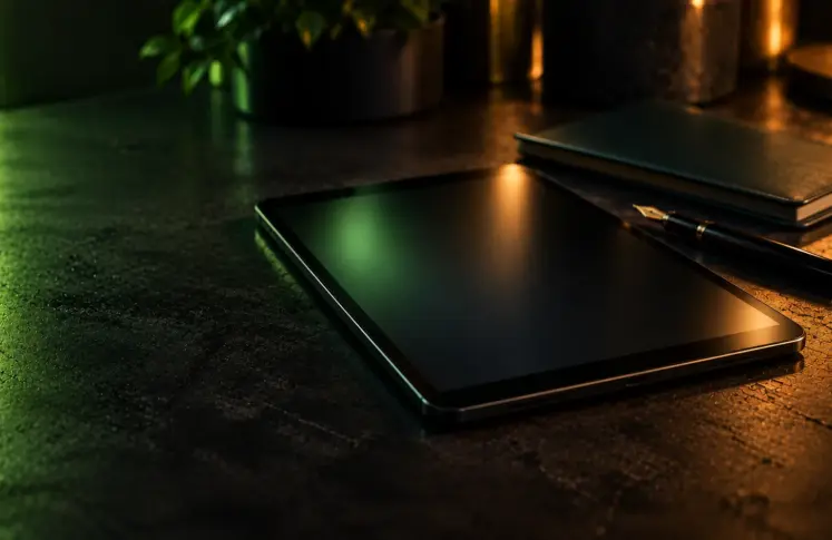 A tablet with a softly glowing blank screen on a dark concrete desk, a fountain pen and a closed notebook beside it in lime green light