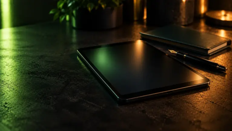 A tablet with a softly glowing blank screen on a dark concrete desk, a fountain pen and a closed notebook beside it in lime green light