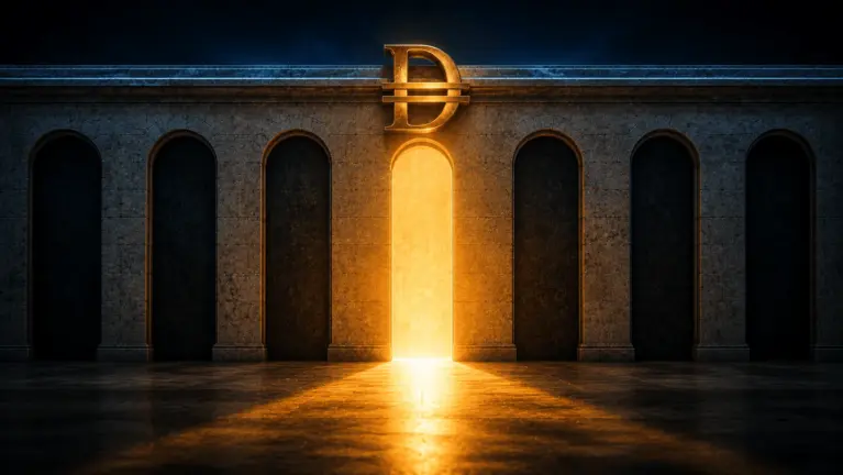 A limestone wall of sealed arches with a single open arch pouring warm light onto the floor, the dirham symbol mounted above it