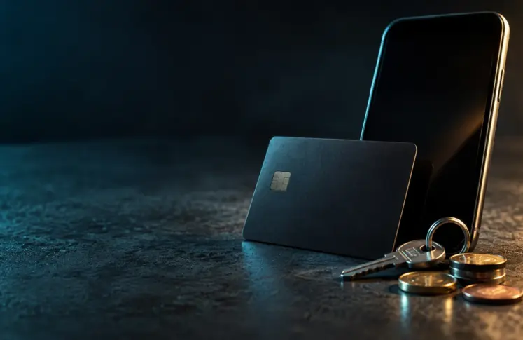 UPayCard casinos header: plain black payment card leaning on a smartphone with keys and coins