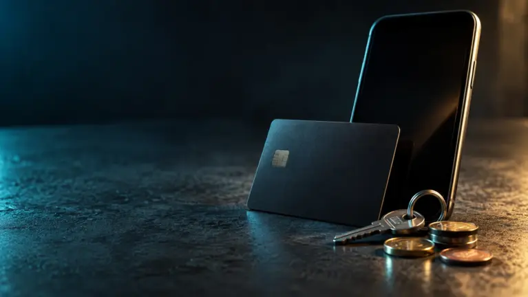 UPayCard casinos header: plain black payment card leaning on a smartphone with keys and coins
