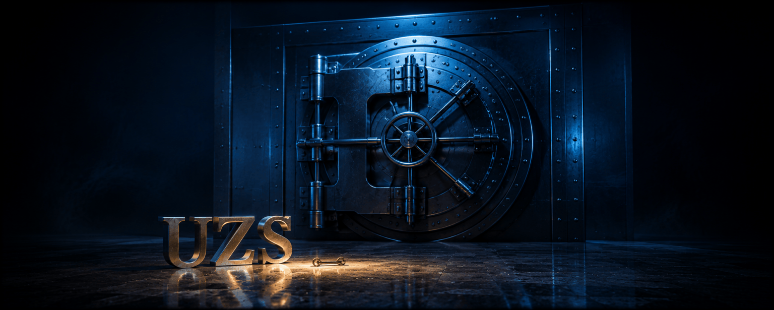 A small brass key lit amber in the foreground beside the UZS letterforms, dwarfed by a vast sealed steel vault door behind them