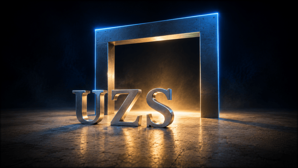 Sculpted pewter letters spelling UZS on sandstone in front of a newly built steel gateway standing wide open onto completely bare ground