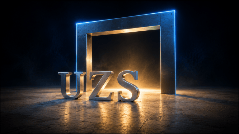 Sculpted pewter letters spelling UZS on sandstone in front of a newly built steel gateway standing wide open onto completely bare ground