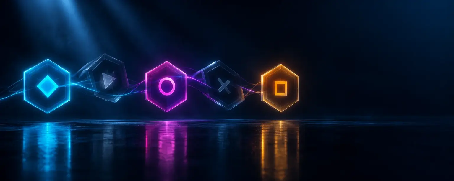 Five glowing hexagonal tiles in a row with two of them shifting out of alignment
